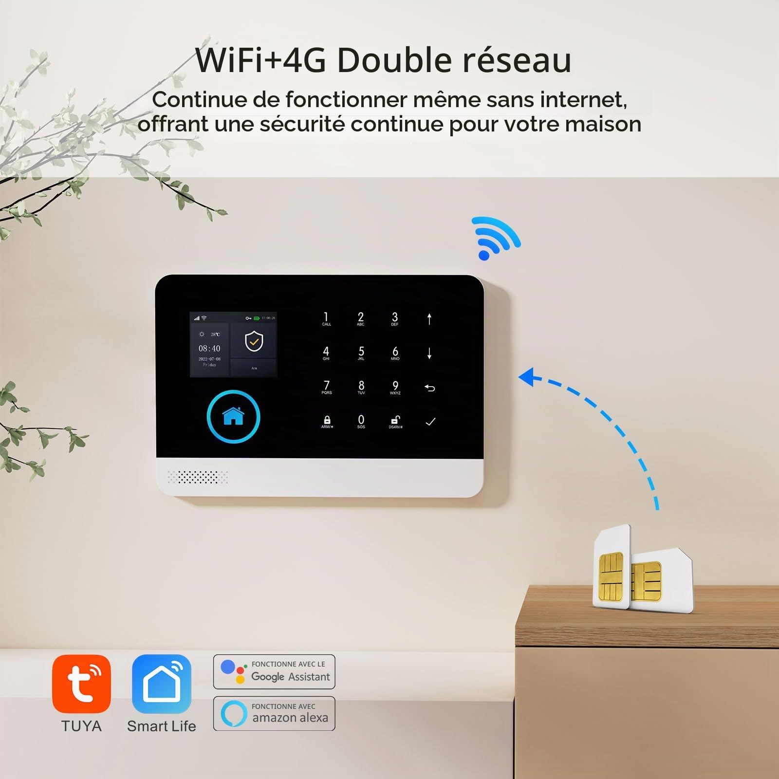 XNY Alarme Maison sans Fil Intelligent WiFi - 8 pièces Système Alarme Maison 4G avec APP Alertes - Détecteur de Mouvement, Télécommandes, Capteur de Fenêtre et de Porte, Sirène, Compatible avec Alexa