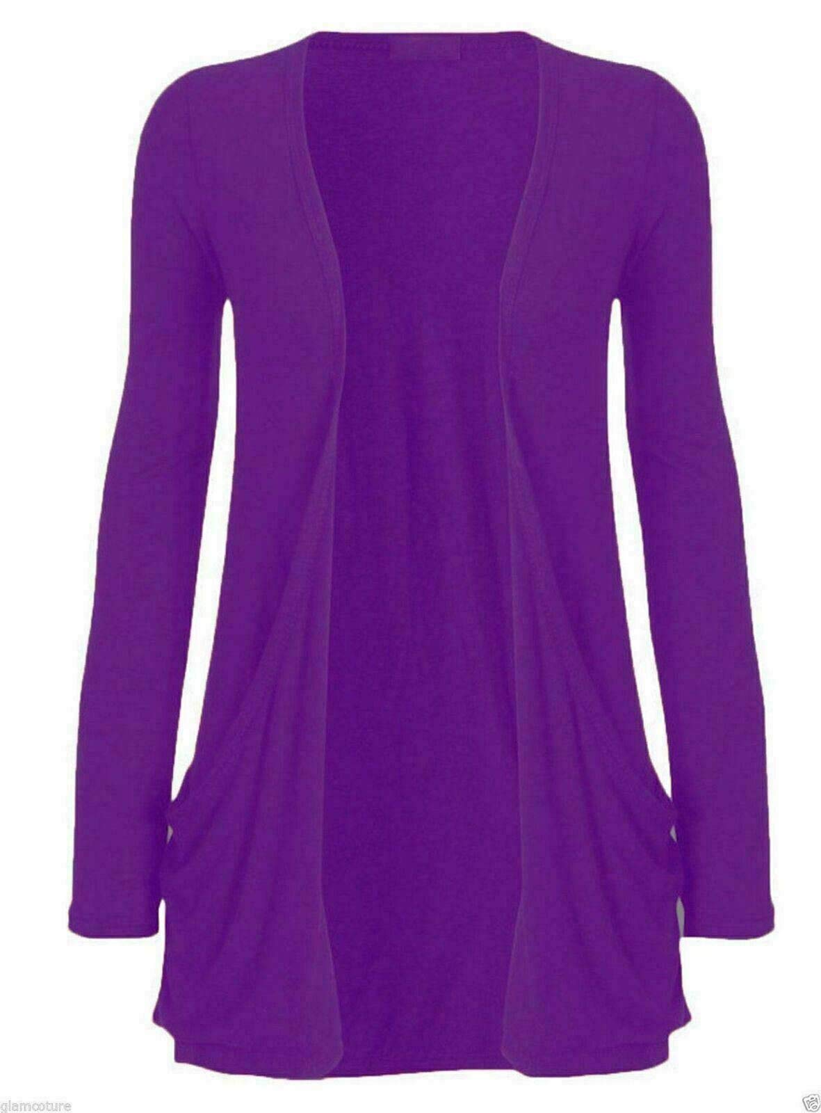 Fairy Boutique Women's Purple Long Sleeve Pocket Boyfriend Cardigan Open Front Plain Casual Party Wear Cardigan Top
