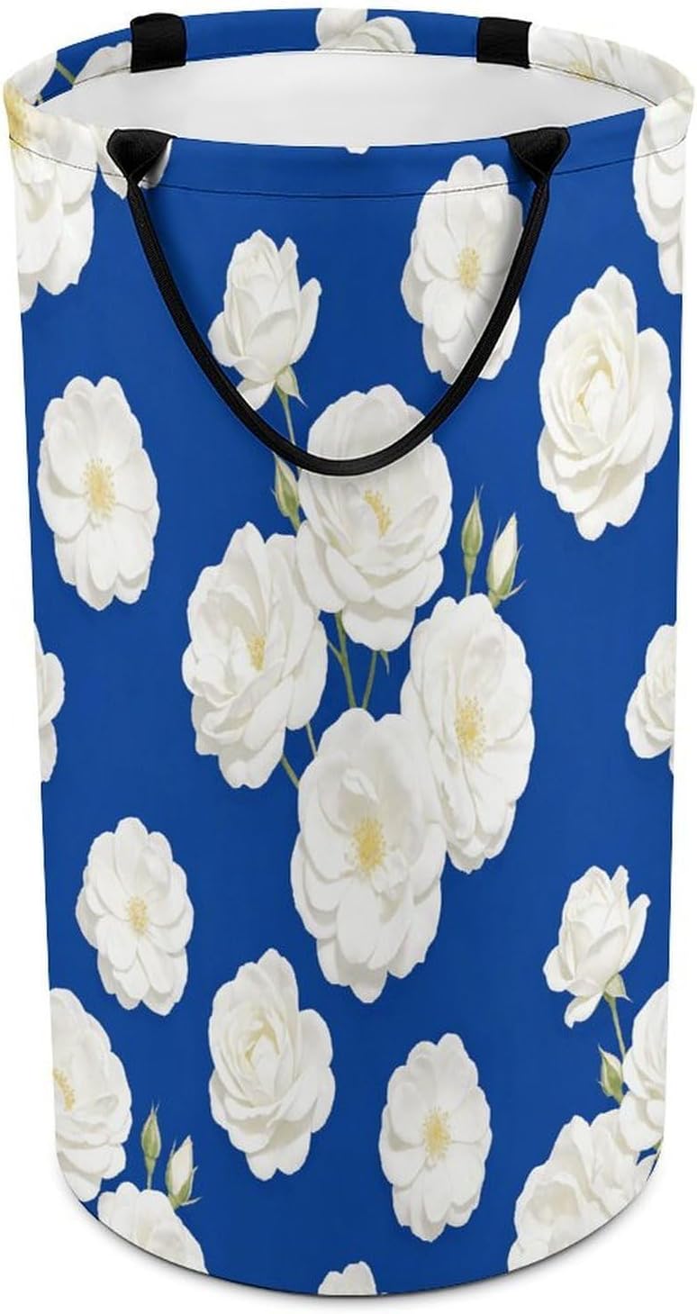 Oxford Blue And White Flowers Laundry Hamper Portable Lightweight Clothes Hampers Fashion Dirty Laundry Storage Basket Large Capacity Foldable Clothes Baskets for Bathroom Bedroom