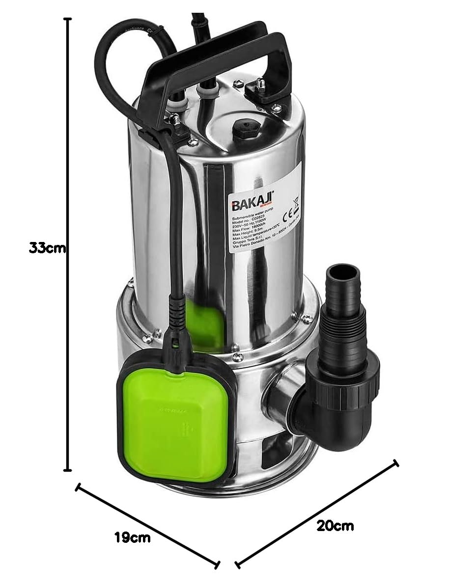 Bakaji Pompa Immersione Elettropompa Sommersa Acque Scure Sporche Potenza 1100W Portata 18000L/h Profondità Massima 9 Metri con Corpo Acciaio Fondo Piatto Maniglia per il Trasporto Cavo 10 metri