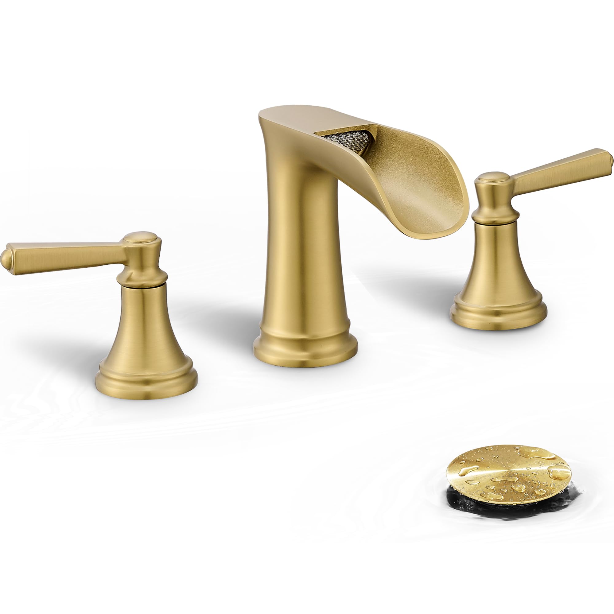 Robinet de salle de bain 8 pouces en laiton doré brossé, 3 trous, style cascade, à entraxe large et 2 poignées, avec bonde clic-clac et flexibles d'alimentation préinstallés en PVC-U pour meuble-lav