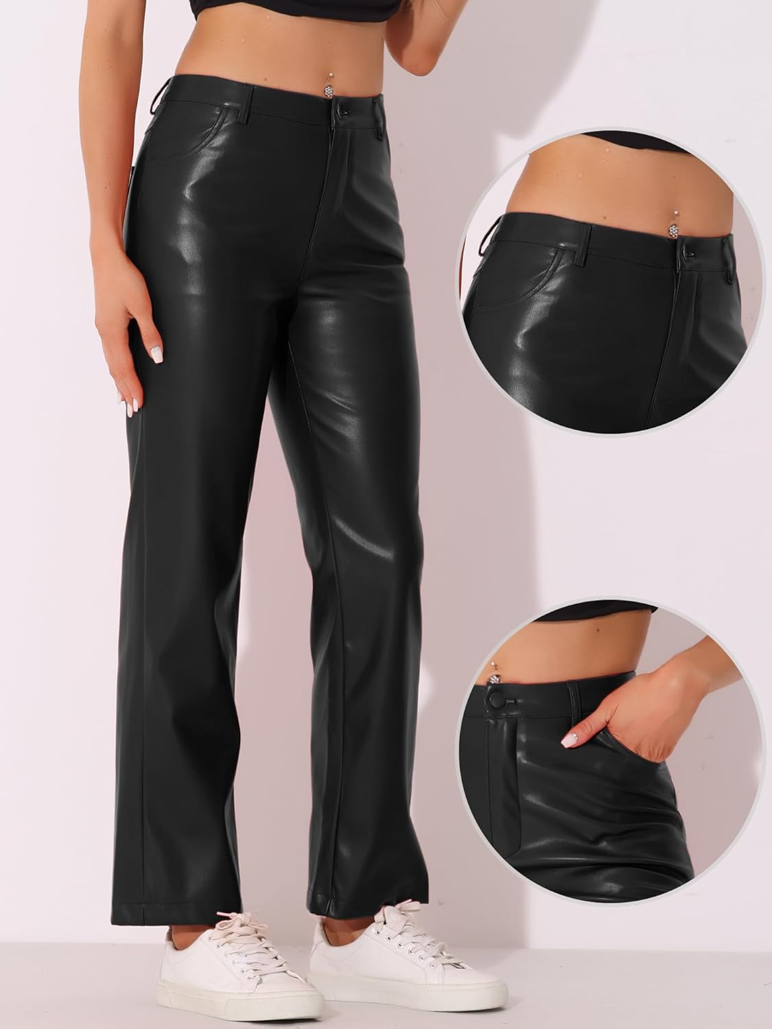 Allegra K Faux Leather Pants for Women's High Waist Straight Leg Punk PU Trousers - Image 2