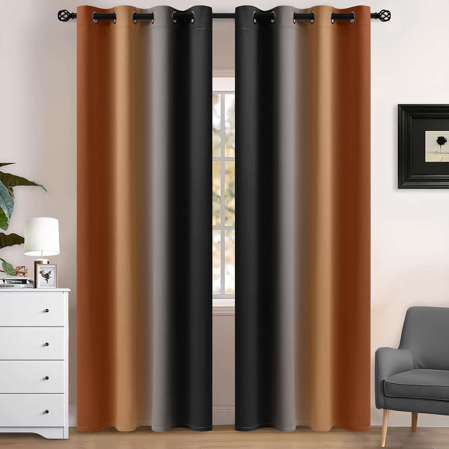 Yakamok Blackout Ombre Burnt Orange and Black Curtains-Gradient Room Darkening Curtain, Grommet Thermal Insulated Light Blocking Window Drapes Curtain for Living Room Bedroom,52 x 84 Inch,2 Panels