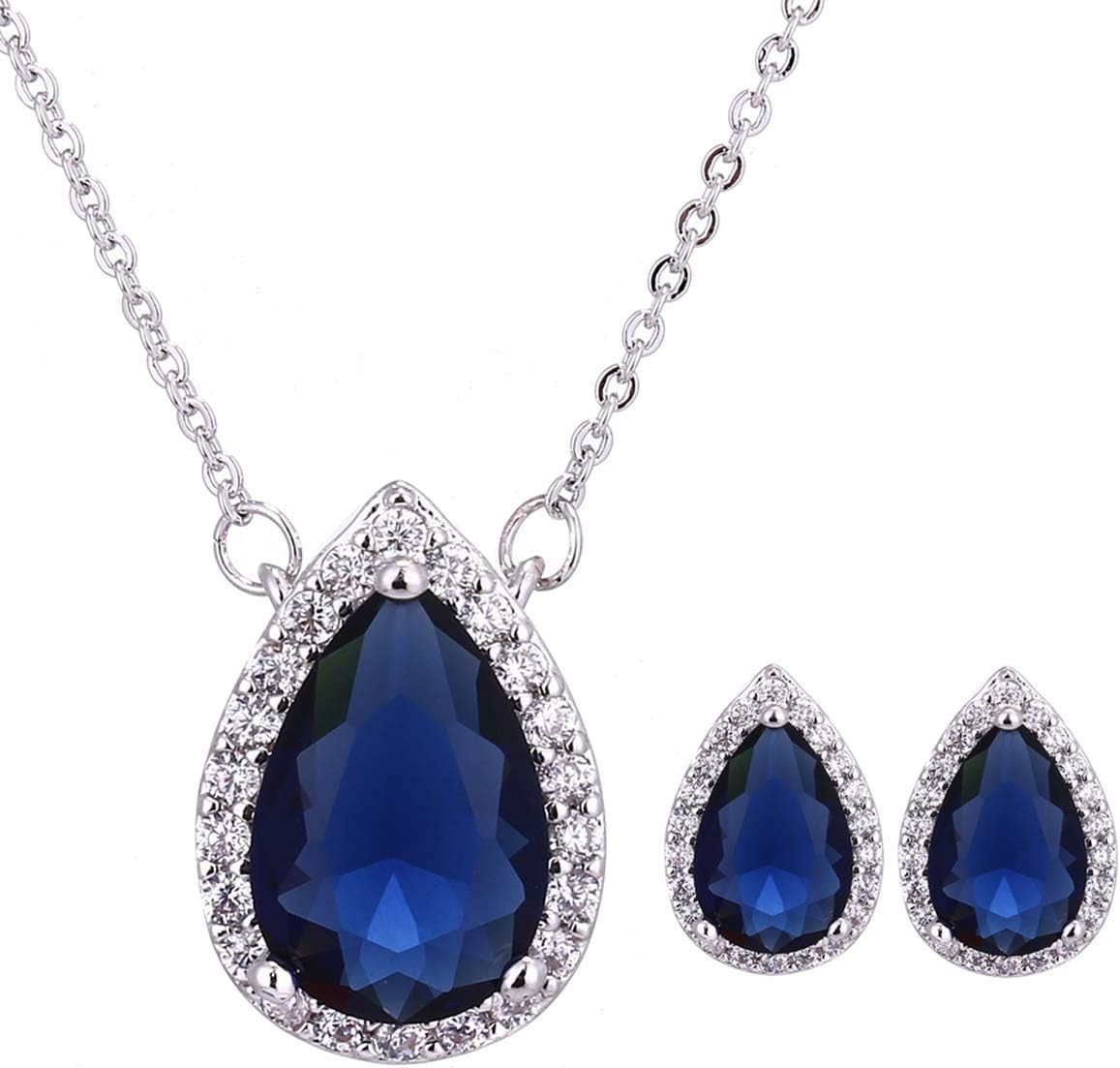 AMYJANE Bridal Jewelry Set for Women Sterling Silver Crystal Cubic Zirconia Halo Teardrop Necklace Earrings Set Pear Shape Rhinestone Simulated Diamond Emerald Green Drop Pendant CZ Costume Jewelry Gift for Wedding Party Prom Bride Bridesmaids Mom Wife Her