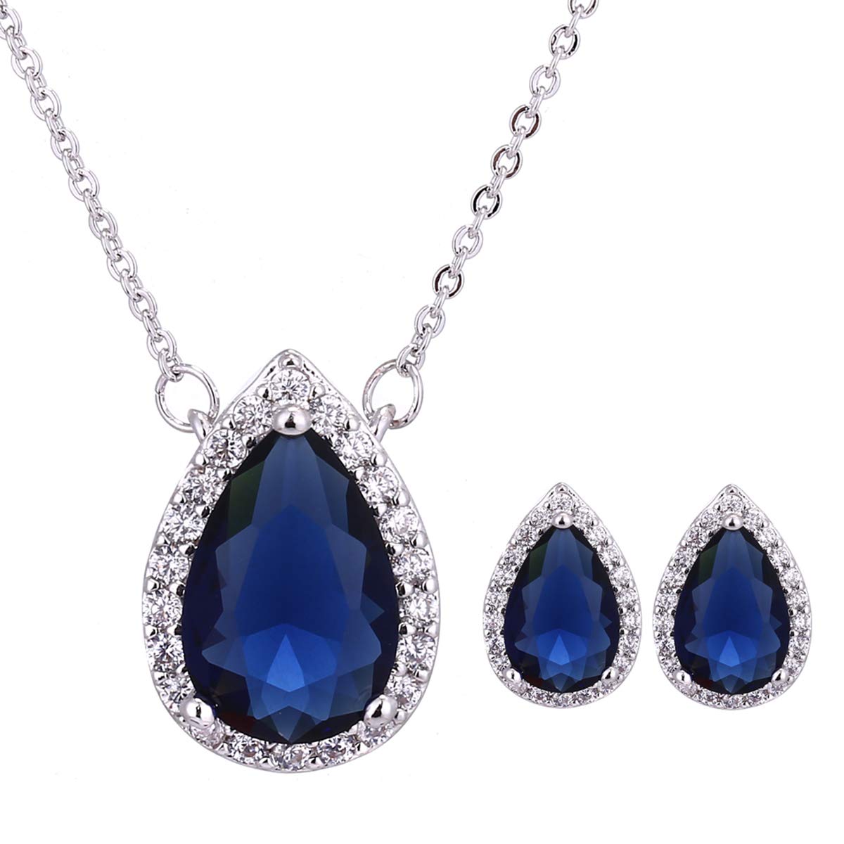 AMYJANE Bridal Jewelry Set for Women Sterling Silver Crystal Cubic Zirconia Halo Teardrop Necklace Earrings Set Pear Shape Rhinestone Simulated