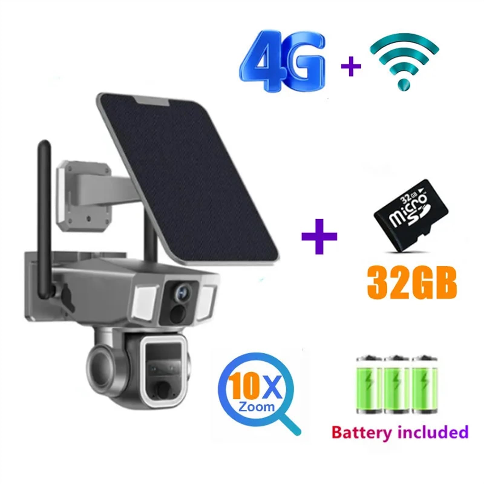 Cámara de Seguridad, Cámara Solar 2 en 1 4G y de Doble Pantalla for Exteriores, 4MP, Tres Lentes, detección PIR Dual, Zoom 10X, cámara CCTV Seguimiento automático(4G WiFi 32GB Card)