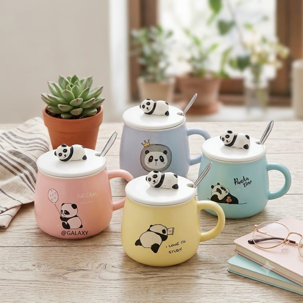 StancyKing Cute Panda Ceramic Coffee Mug with Lid & Spoon | 325ml Premium Ceramic Tea Cup | Microwave & Dishwasher Safe | Kawaii Mug for Coffee, Tea & Hot Chocolate | Gift for Kids ((Pack of 1))-image-2