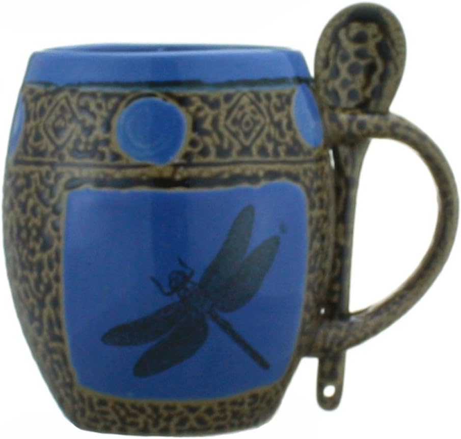 ALWAYS AZUL POTTERY Avocado Green Dragonfly Mug with Spoon - Handmade Ceramic Coffee Mug - Stylish and Unique Handcrafted Artistic Drinkware - Polished Clay Cups, Great for Coffee, Tea, and Art Lovers