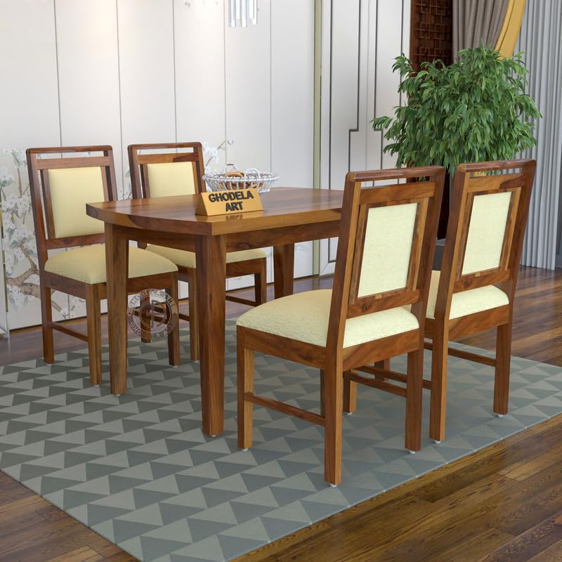 Image of Sheesham Wood Oval Dining Table with Cushion Chairs Set for Home Hall | Solid Wood Dinner Table with Chairs for Hotels | Dining Room Sets (Natural Finish 1, 4 Seater)