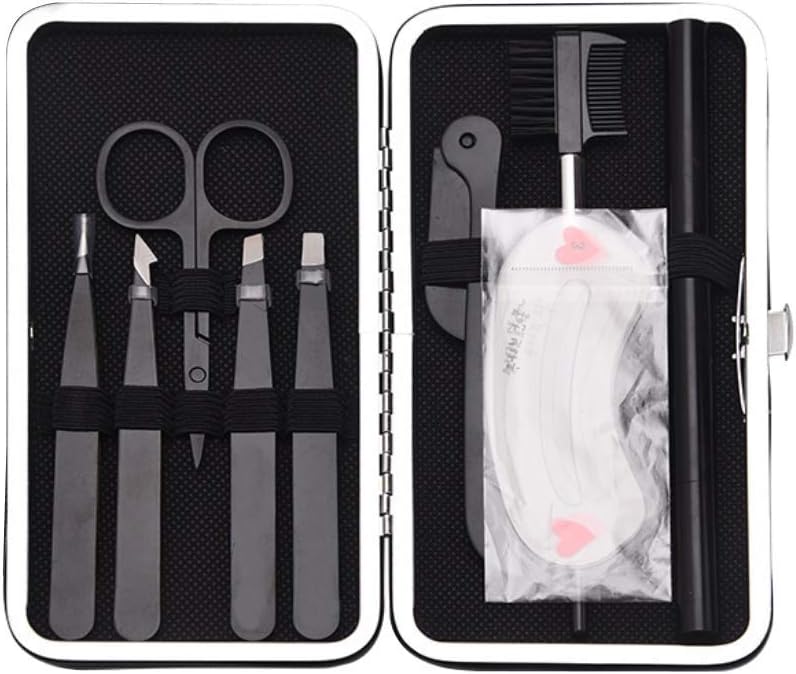 9 PC Eyebrow Kit for Women With Travel Case, Eyebrow Razor, Tweezers, Scissors, Eyebrow Comb and Brush, Brown Eyebrow Pen,Eyebrow Stickers