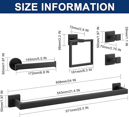 Miniatura 2 de NearMoon Juego de 5 piezas de accesorios de baño de acero inoxidable 304, kit de toallero cuadrado - Barra de toalla de 24 pulgadas + anillo de