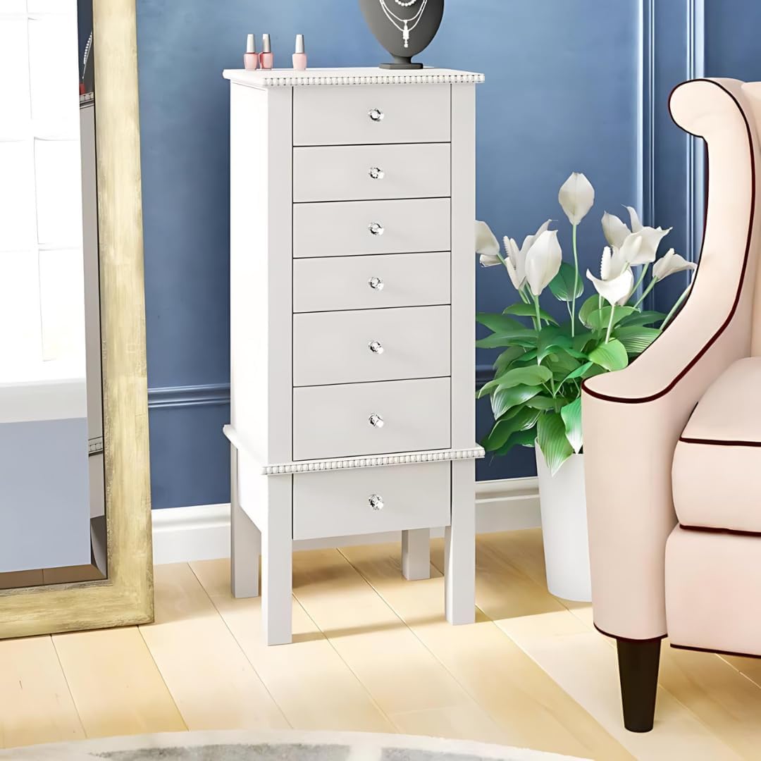 Crystal Jewelry Armoire, 6 Felt-Lined Drawers, Side Necklace Hooks, Built-In Mirror, Cord Port, Elegant Beaded Trim, Jewel Knobs, Jewelry Storage Organizer
