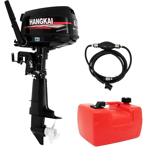 HANGKAI 6.5HP 4 Stroke Outboard Motor Heavy Duty Short Shaft Fishing Boat Engine w/Water Cooling CDI System Inflatable Marine Fishing Yacht Engine with Fuel Tank for Outdoor Adventure