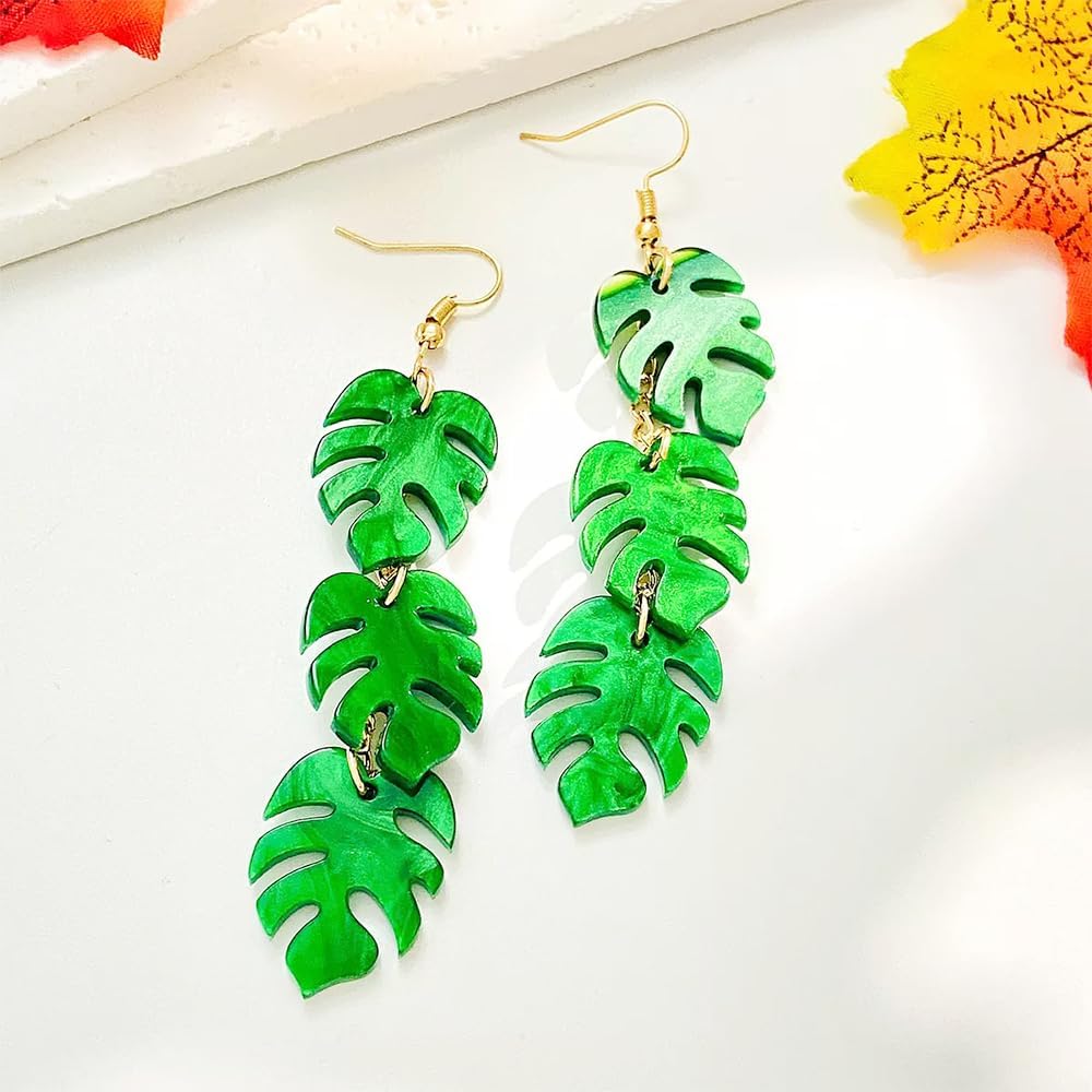 Green Palm Leaf Dangle Drop Earrings for Women Unique Monstera Leaves Acrylic Dangling Statement Hook Lightweight Hypoallergenic Jewelry for Everyday Wear - Image 6