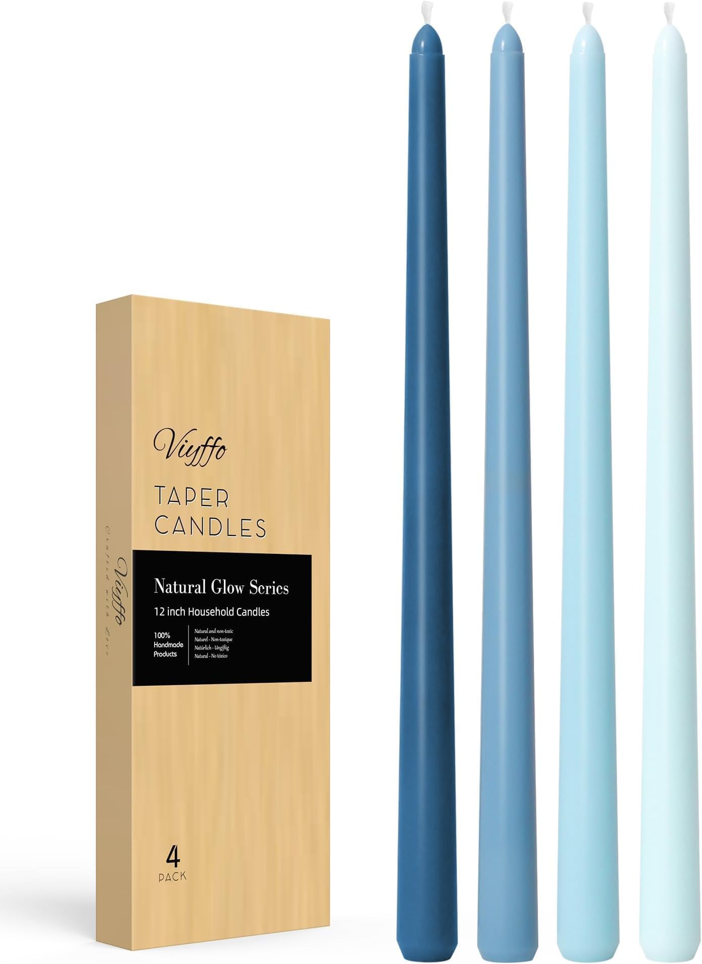 Viyffo Taper Candles, 12 Inch, 4 Pack, Blue – Unscented, Smokeless Design, Up to 8-Hour Burn – Tall Candlesticks for Table Decor, Weddings & Dinners