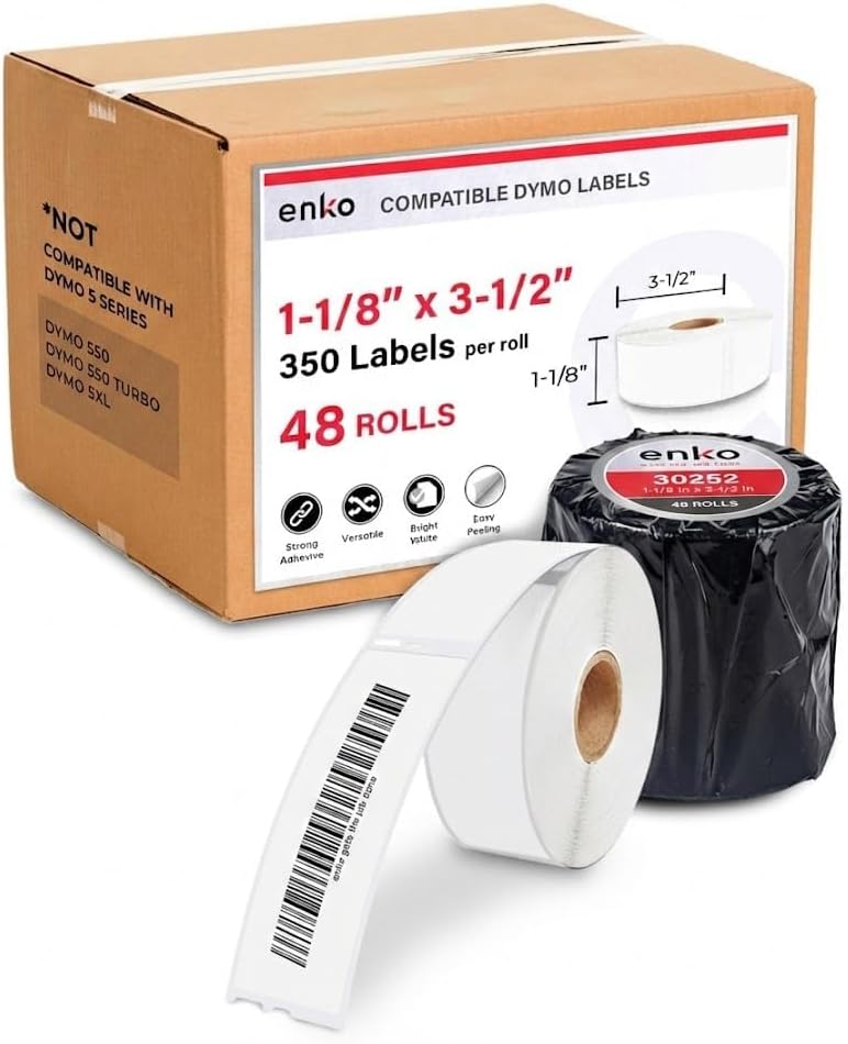 enKo Compatible with Dymo 30252 Labels (1-1/8" x 3-1/2") - Label for Dymo Labelwriter 450 Turbo Printer and 4XL - Direct Thermal Address, Shipping & Barcode Labels (12 Rolls | 4,200 Labels)