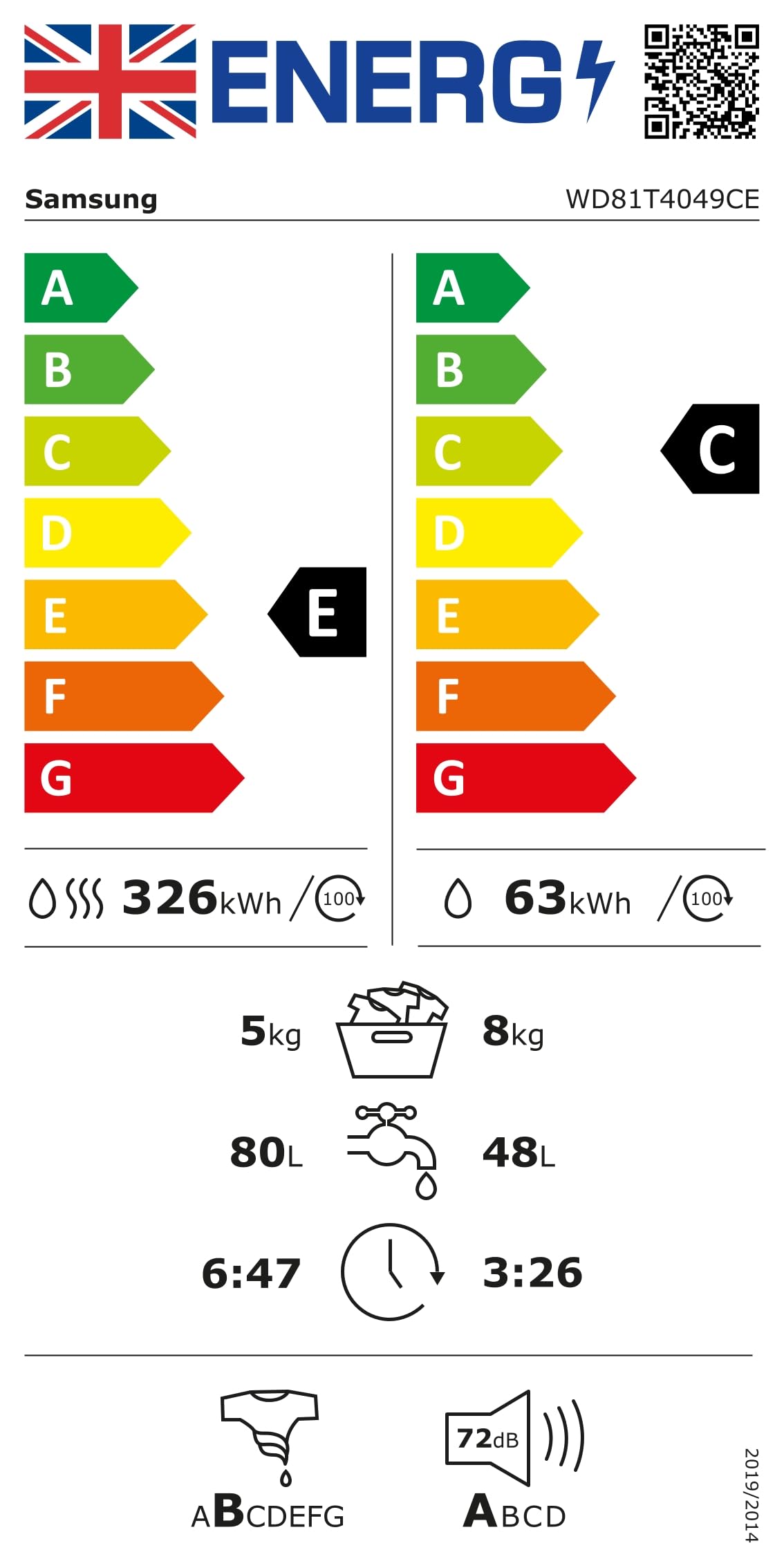 Samsung WD81T4049CE, EG Sèche-linge 8 + 5 kg, 1 400 tr/min, blanc, mousseux, AirWash, programme de vapeur hygiénique