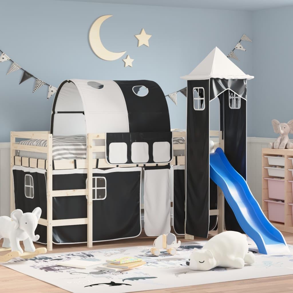 Vorhänge für Hochbett mit Tunnel und Turm Weiß Schwarz aus Polyester mit Aufbewahrungstaschen Betthimmel Zubehör für Kinderzimmer Spielspaß und sichere Befestigung am Lattenrost