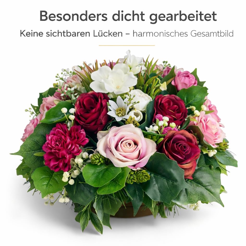 Generisch Grabgesteck künstlich wetterfest 30 cm – Grabgestecke mit Rosen im Topf beschwert – Grabschmuck für Friedhof & Urnengrab – EU Handmade Grabdeko