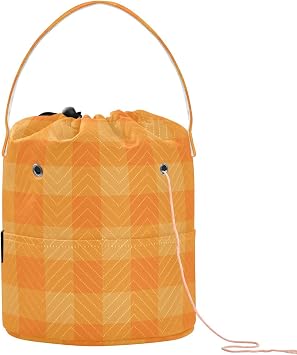 Tatenale Crochet Bag Yarn Bag Knitting Project Bag with Pockets and Handle Portable Yarn Storage Organizer Tangle Free 8.3x11 Inch Autumn Checkered Orange