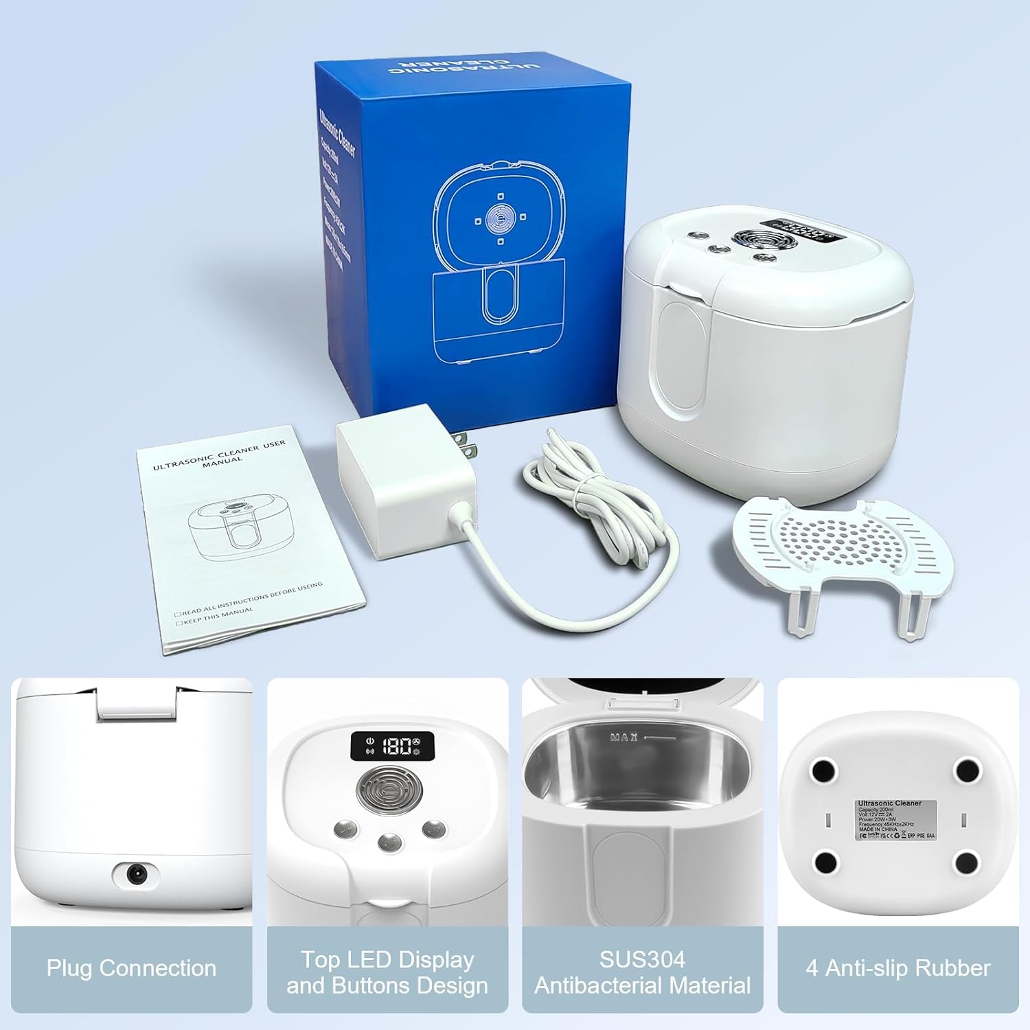 AVCNUJ Ultrasonic Cleaner, 47KHz Retainer Cleaner Machine with 3/6/8/10 Min Cleaning Times & LED Light & Drying, 200ml Portable Cleaner for Retainer, Aligner, Jewelry, Ring