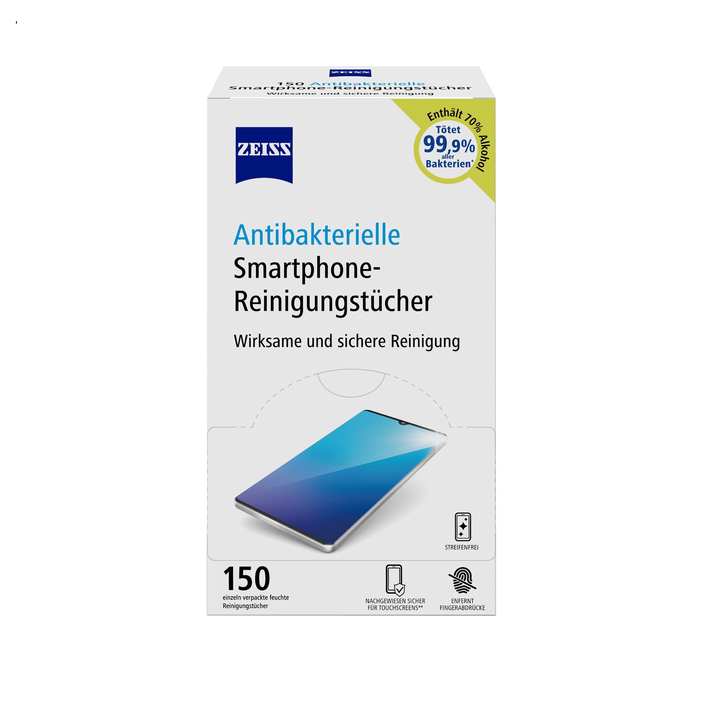 ZEISS antibakterielle Smartphone-Reinigungstücher 150 Stück - schnell trocknende Rezeptur - entfernt Bakterien, Fingerabdrücke, Schmutz, Staub & Fett - jedes Tuch einzeln verpackt | antibakteriell, schnell trocknend, schonend, ideal für unterwegs & Reisen