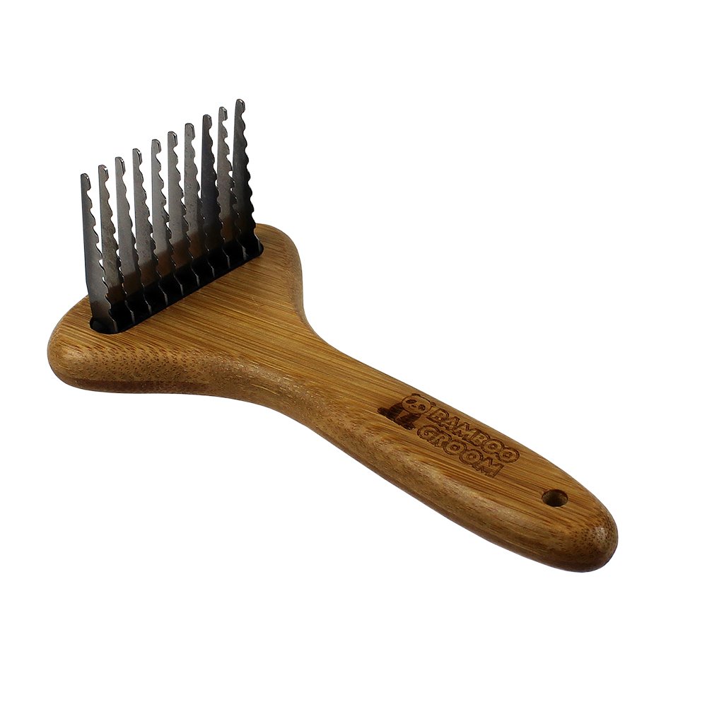 Bamboo Groom Dematting Rake with Stainless Steel Serrated Blades for Pets, Large