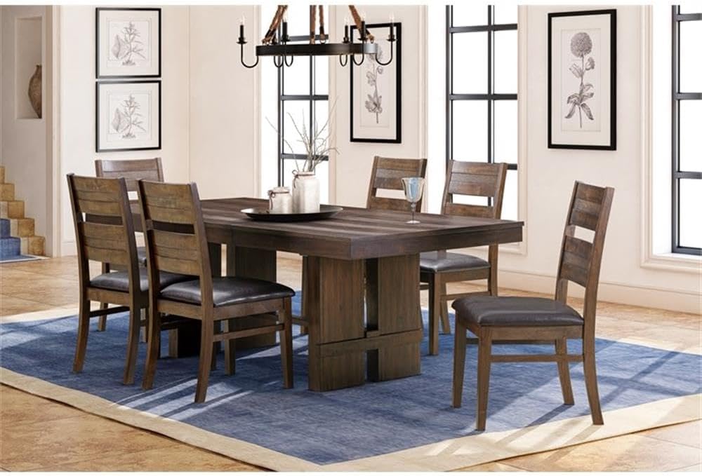 Pemberly Row 7-Piece Extendable Acacia Wood Dining Set, Antique Brown Finish, 66-84 in Table with Removable Leaf, 6 Upholstered Leather Chairs, Solid Wood Double Pedestal Base, Formal Dining Room