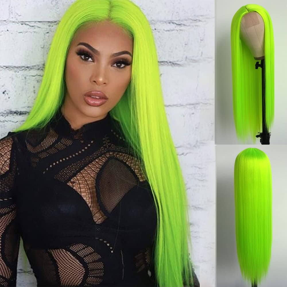 Aubree Fluorescent Green Wigs for Women Neon Green Long Straight No Lace Front Synthetic Wigs with Baby Hair Glueless Heat Resistant Hair Replacement for Cosplay Party 24inches Christmas gift