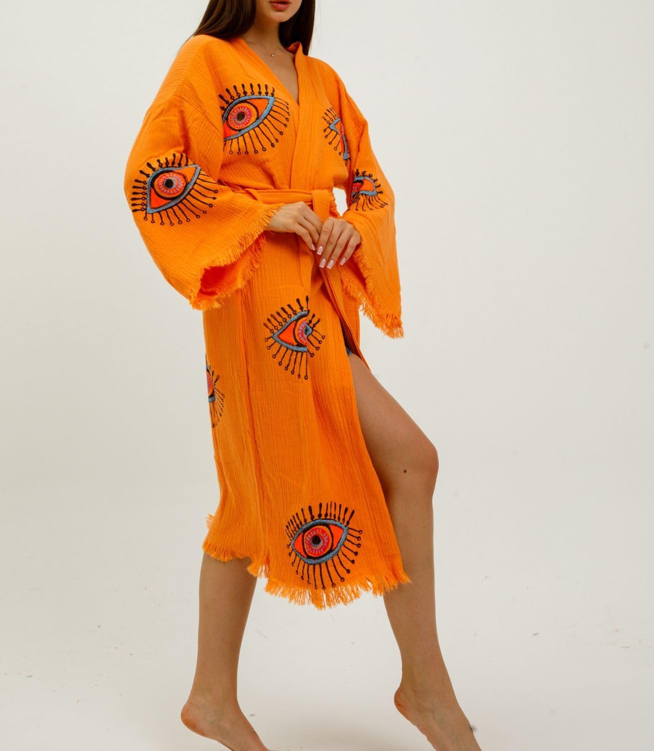 100% Turkish Cotton Evil Eye Kimono Robe – Hand Printed Caftan Beach Cover Up – Boho Festival Kimono for Women - Image 6