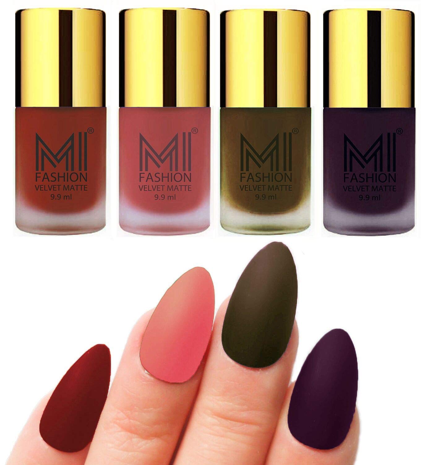 MI FASHION Velvet Matte Lacquer Nail Paint Sets Water Resistant 9.9ml Cherry Red, Light Peach, Olive Brown, Dark Purple (Pack Of-4)-image-5