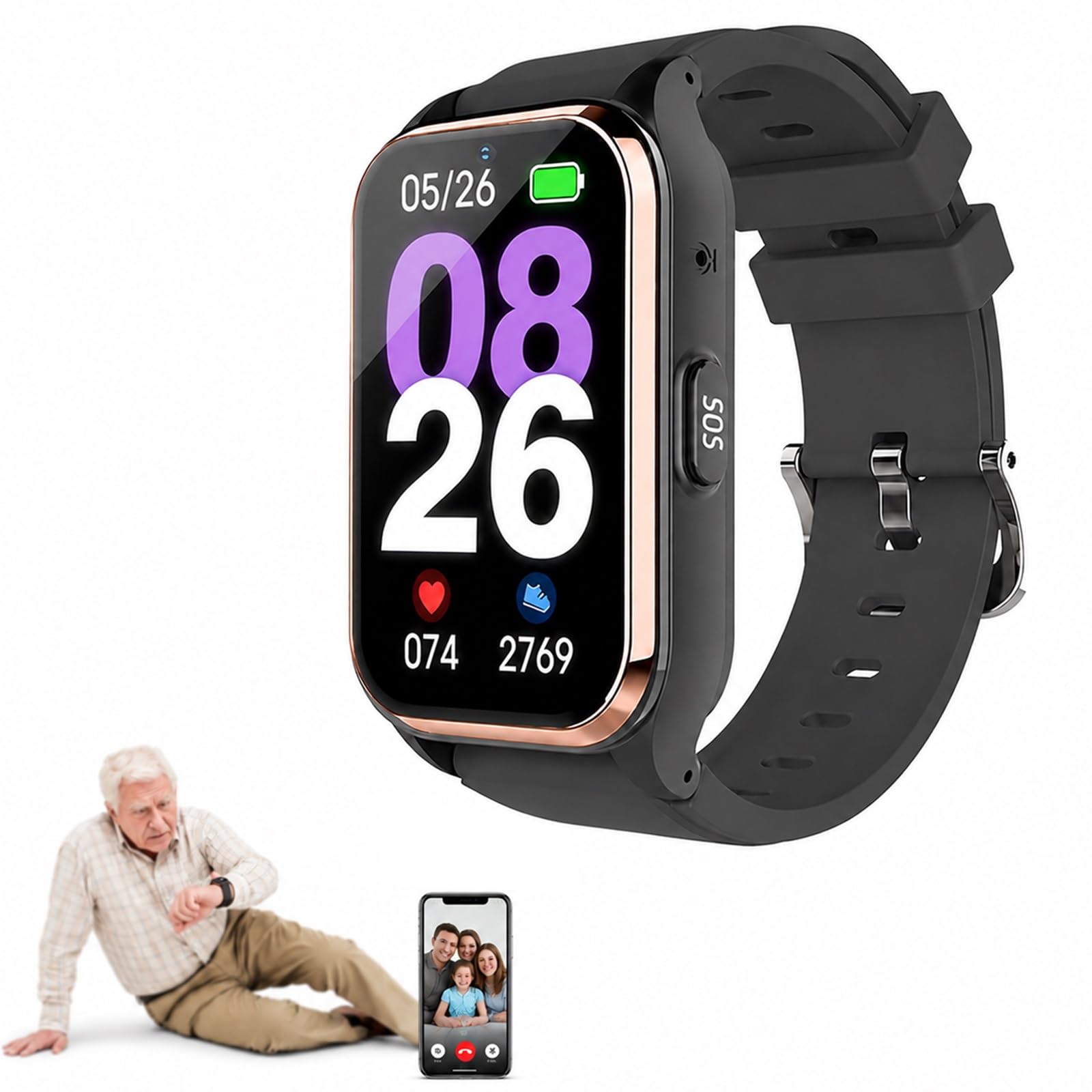Montre Connectée GPS 4G pour Démence Seniors avec Bouton SOS et Podomètre | Appels Vidéos, Suivi Cardiaque, Alarme de Zone de Sécurité Geofence, Étanche IP67, Gestion via Application(Gold)