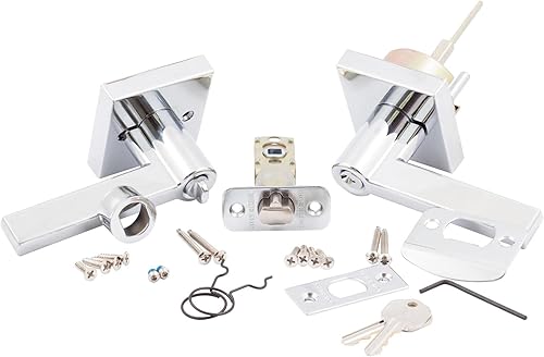 Miniatura 8 de Stone Harbor Hardware Vienna - Manija de puerta con roseta cuadrada, pestillo de entrada, llave SC, cromo pulido