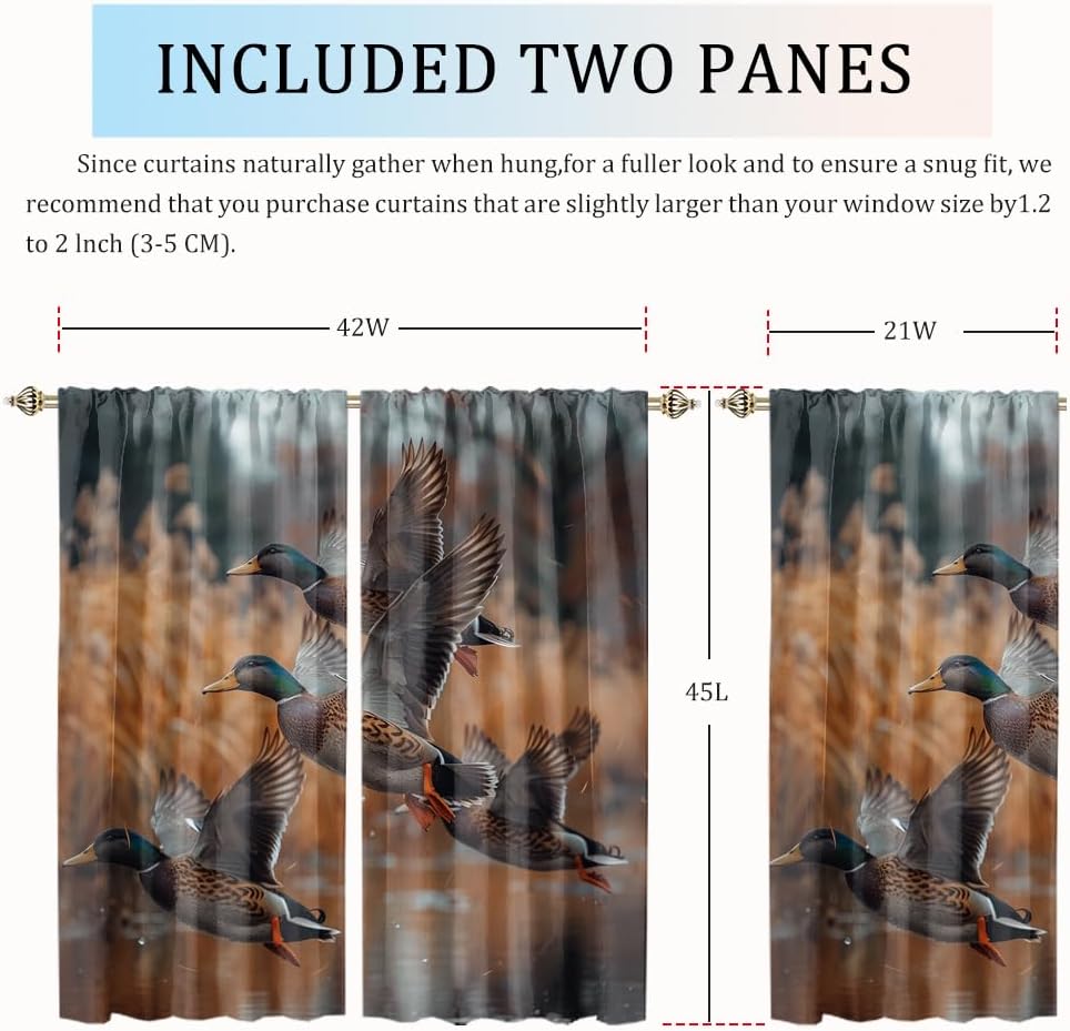 Rustic Autumn Hunting Theme Ducks Blackout Curtains for Bedroom Watercolor Fall Forest Wildlife Mallard Duck Heat Insulating Blackout Curtains for Living Rroom 2 Panels 45" L x 21" W