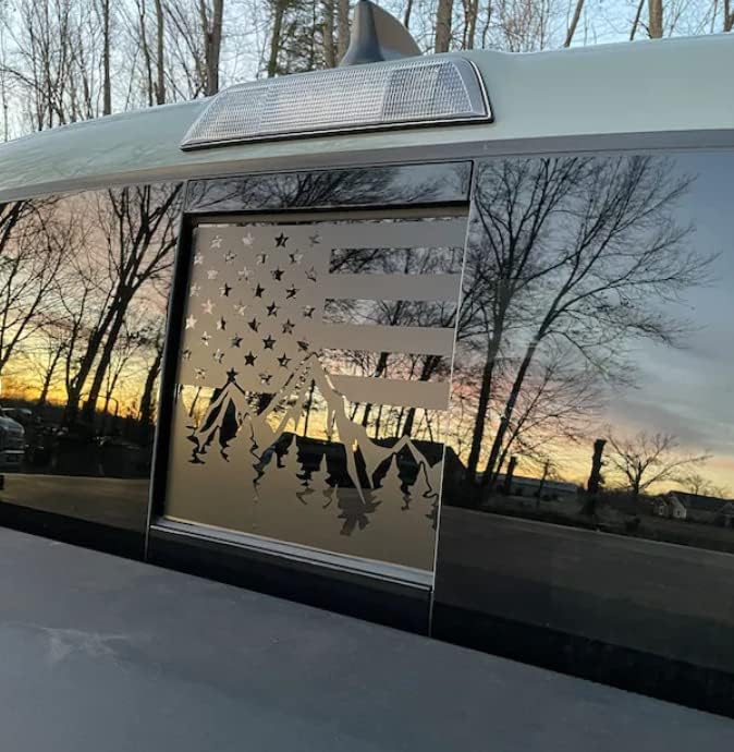 Image of for Chevrolet Colorado /GMC Canyon 2015-2026 Rear Middle Window American Flag Decal, Matte Black Mountain USA Flag Vinyl Sticker for Truck Back Sliding Window