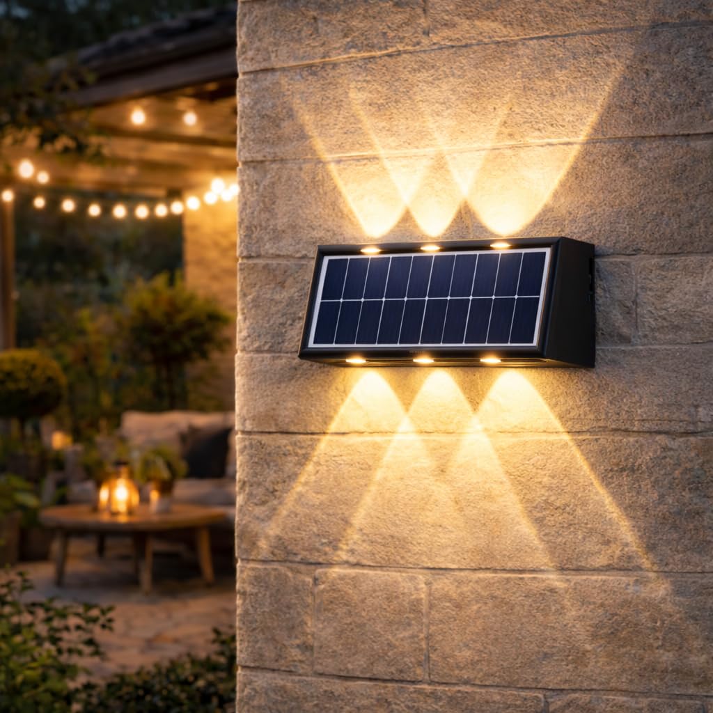 Gesto 6W Solar Wall Lights Outdoor Waterproof IP65, Warm White Up & Down Wall Lamp with 1200mAh Battery, Auto ON/Off Dusk to Dawn, Exterior Light for Garden Fence Gate Patio Pathway Elevation Balcony-image-2