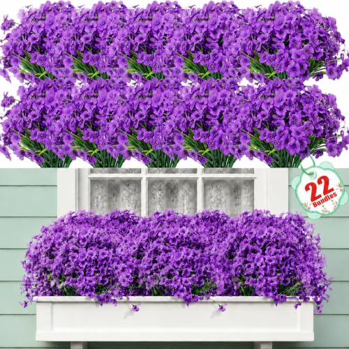 22 Bundles Artificial Flowers Outdoor, Faux Flowers UV Resistant with Plastic Plants, Faux Silk Flowers for Outdoors Outside Front Porch Hanging Planter Window Box Garden Decoration