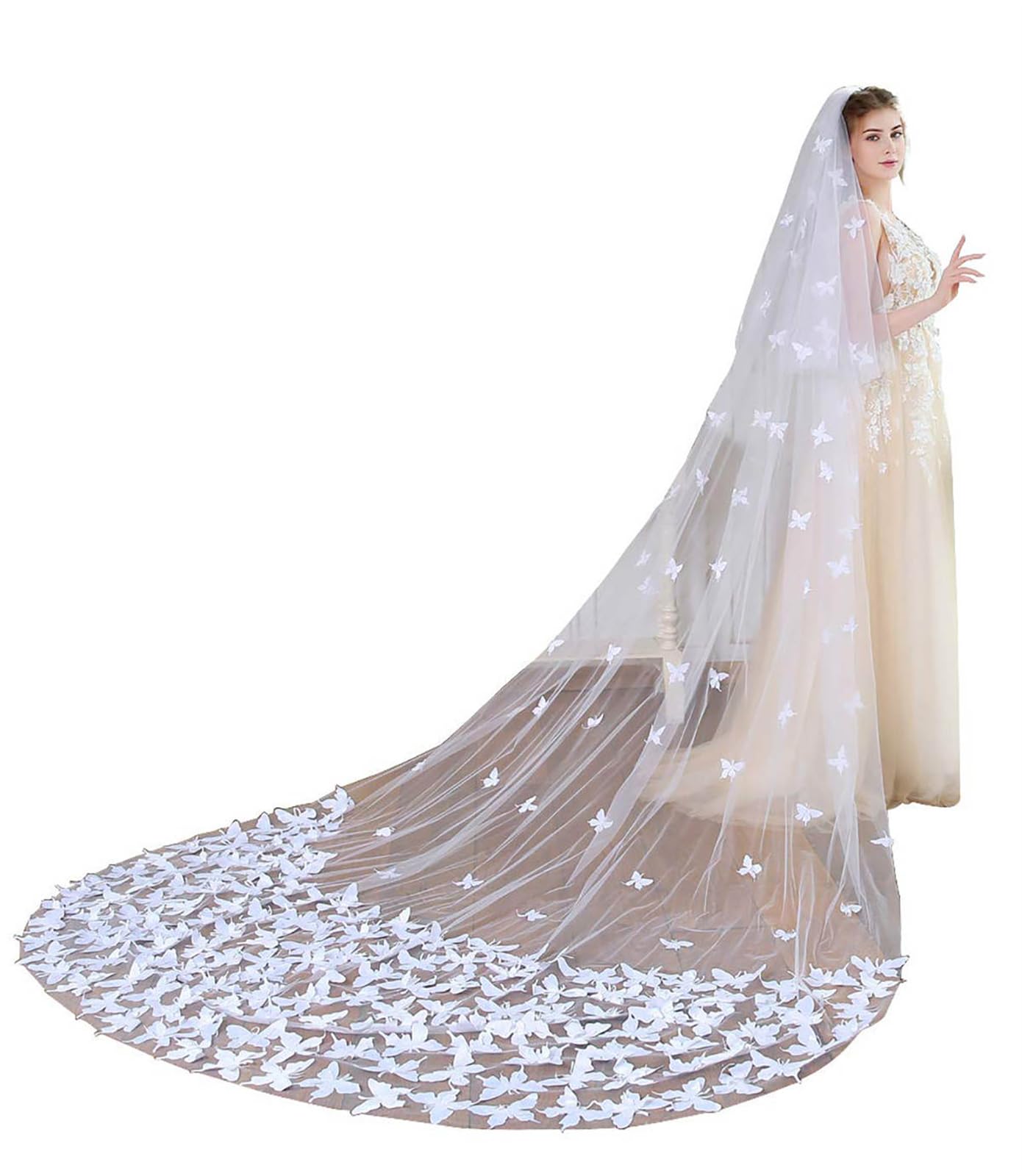 Velo de mariposa doble de dos niveles, longitud catedral, 3 m, color marfil/blanco, velos de encaje bordados para boda