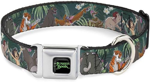 Buckle-Down Collar de perro con hebilla de cinturón de seguridad The Jungle Book 8 Character Group Greens , multicolor, 1.5 pulgadas de ancho, se