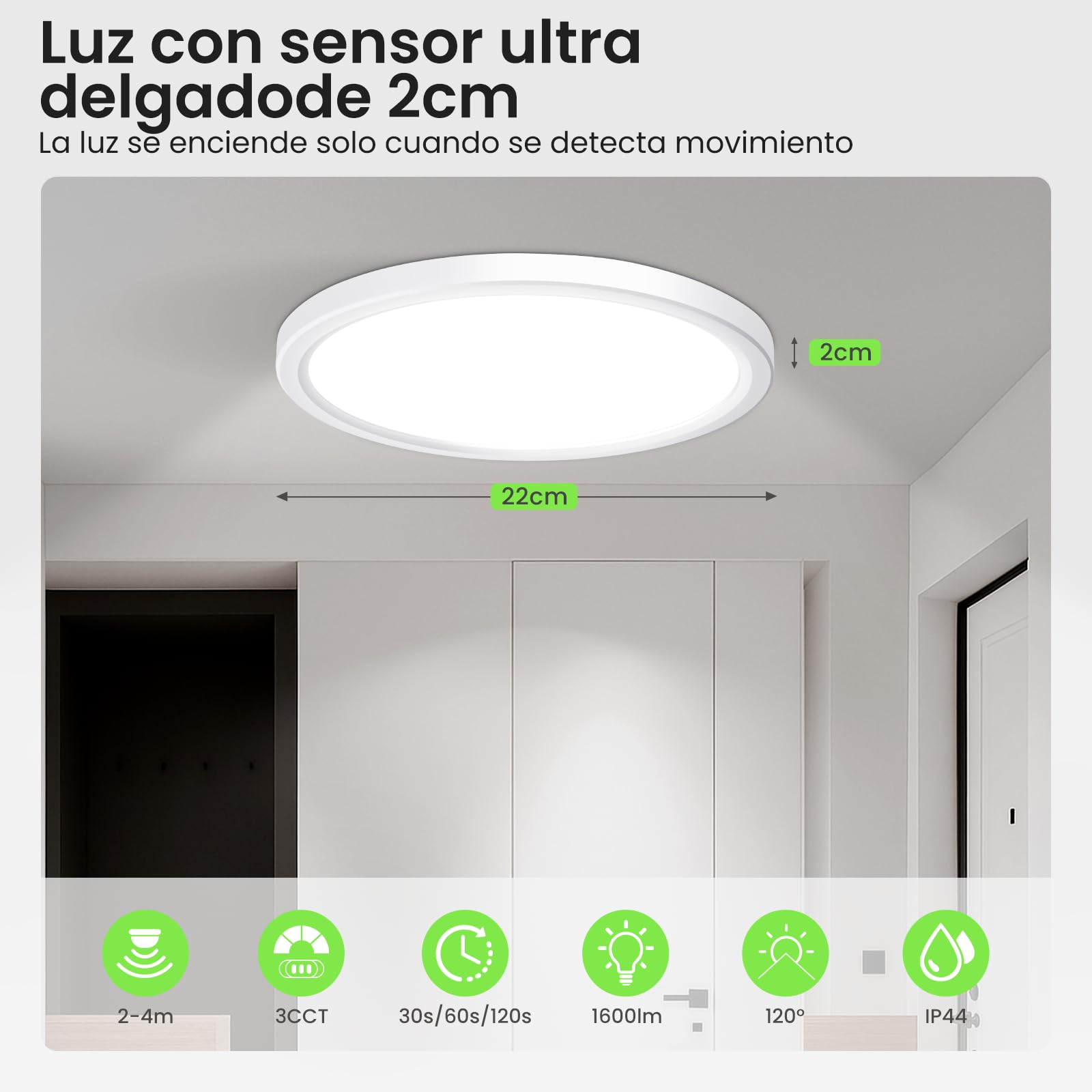 ALUSSO Plafon LED Techo Con Sensor de Movimiento Radar, 18W 1600LM 3000K/4000K/6500K Lampara Techo, IP44 Lampara LED Plafones para Pasillo, Porche, Escaleras, Garaje, Cocina, Ø22cm