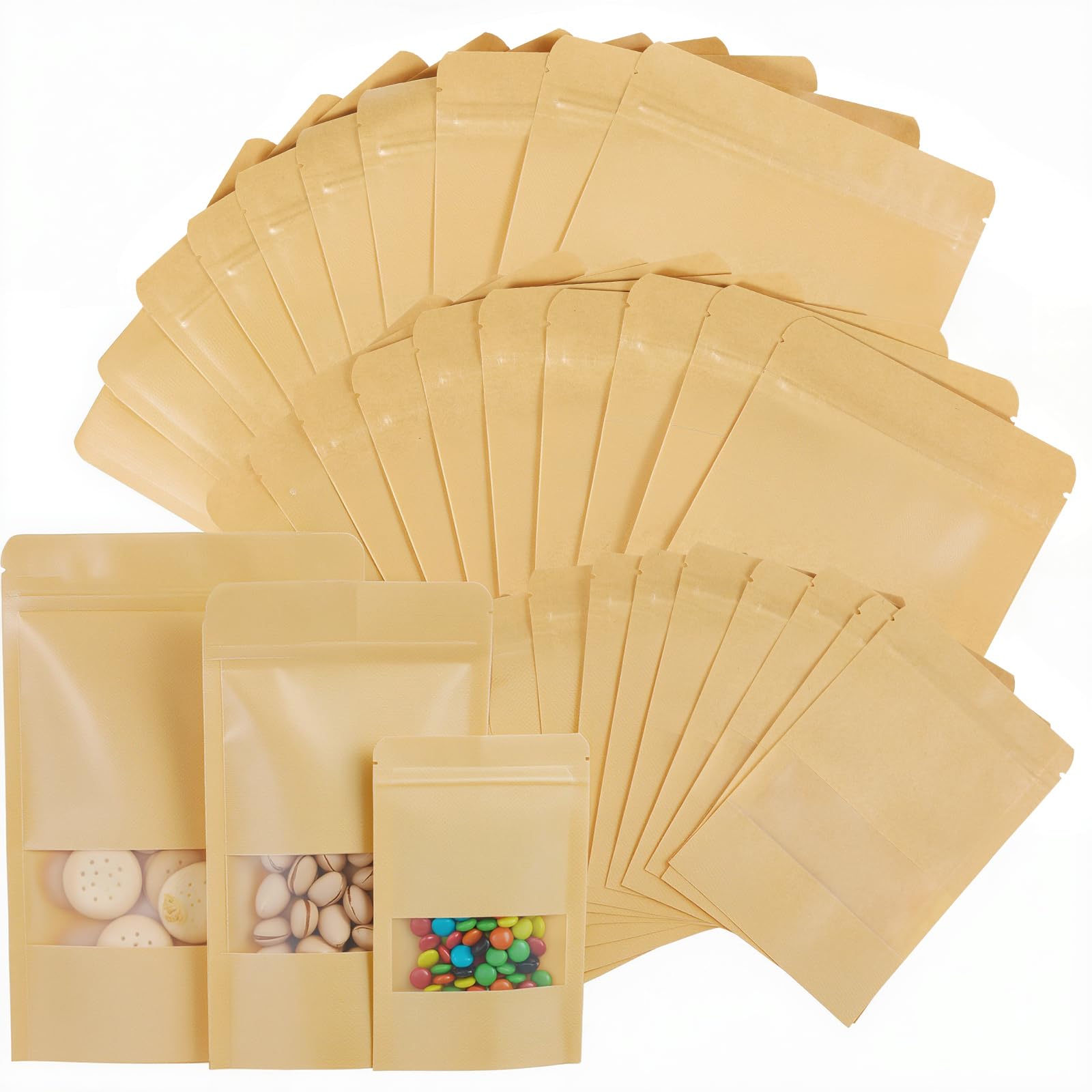 AmazingSpark 100 Pcs Resealable Bags 3 Sizes Sealable Stand up Kraft Paper Bags with Matte Window, Zipper Reusable Food Storage Pouch for Packaging(