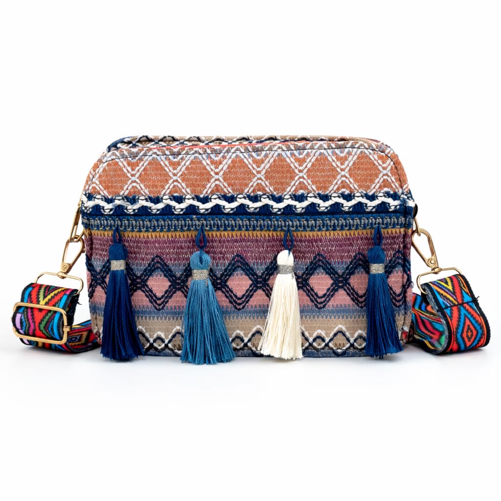 nexiva Handmade Embroidered Crossbody Sling Bag for Women, Boho Ethnic Fabric Mini Shoulder Bag with Tassels, Adjustable Strap, Zipper Closure, Travel and Daily Use-picture-55