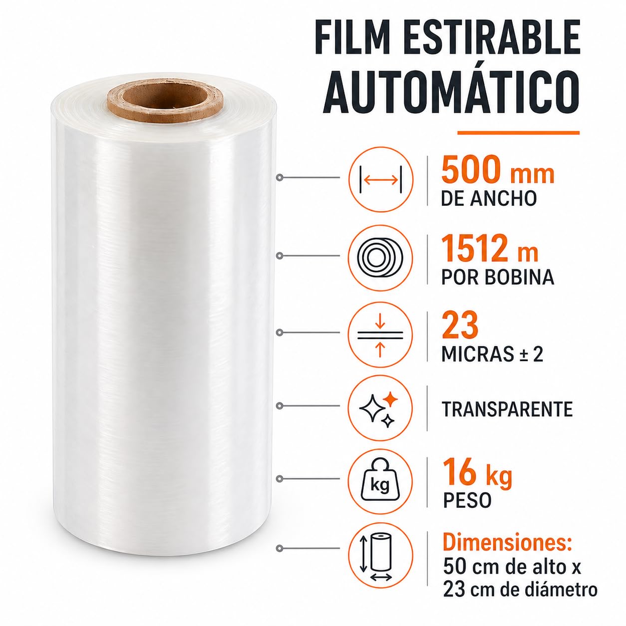 Film Estirable Automático Transparente 500 mm x 1512 m – Bobina Industrial 16 kg – 23 Micras ±2 – Plástico Stretch Film para Enfardadora Automática, Paletizado, Embalaje y Logística Profesional