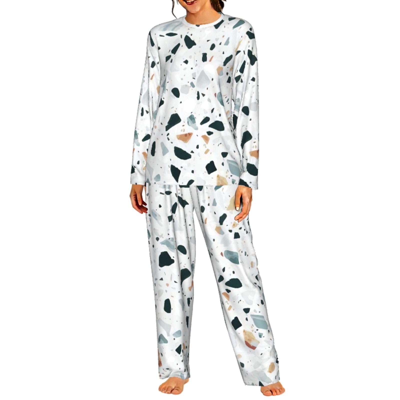 Terrazzo marmo pastello stampa donna manica lunga pigiama coordinato set morbido confortevole lounge elastico pigiameria
