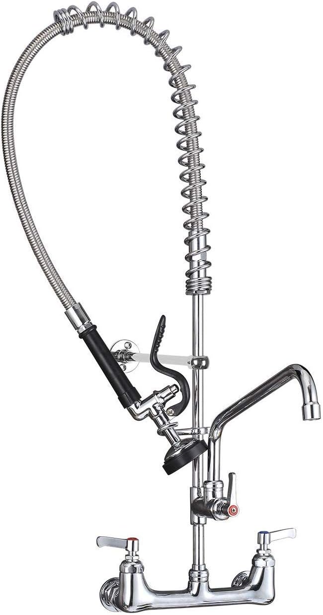MSTJRYCommercial Sink Faucet with Pre Rinse Sprayer: 35"Height 8"Adjustable Center 12"Swivel Spout Wall Mount Pre Rinse Faucet-Perfect for 2/3 Compartment Sink (Polished Chrome,Stainless Steel&Brass)