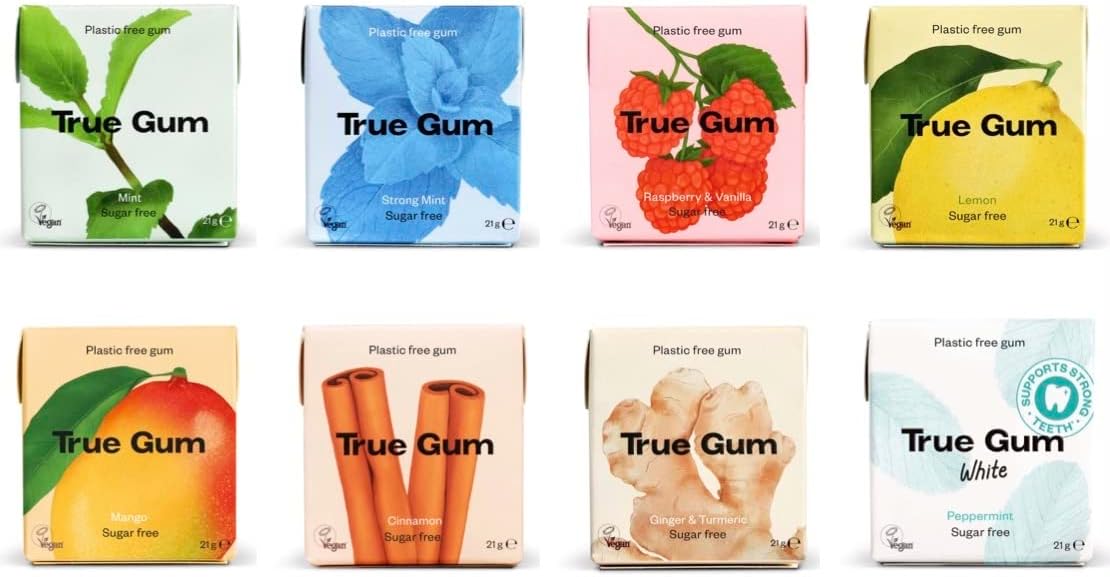 Natural Gum [True Gum] Variety Pack 8 Types, Each 1 Piece (Total 8 Pieces) (21g x 8 Pieces) [Plastic-Free Gum/Xylitol/No Sugar/No Synthetic Additives/Vegan]