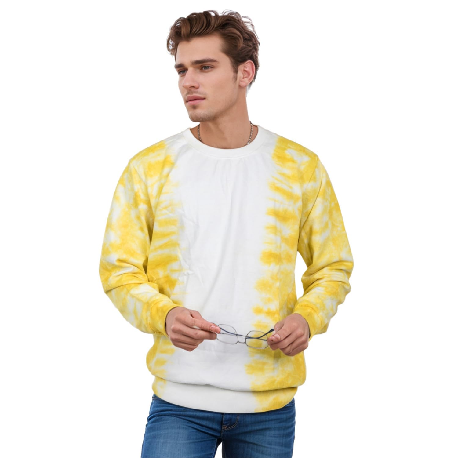 huecoast Men's Yellow & White Tie-Dye Pullover Fleece Sweatshirt | 100% Cotton, Hand-Dyed, Round Neck | Cozy & Stylish Casual Wear-picture-47