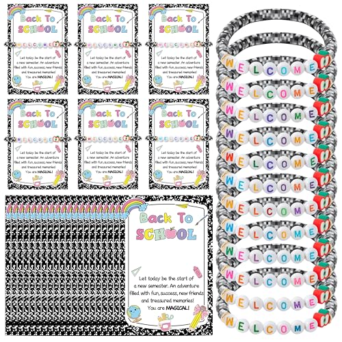 EZdhuawuse Back to School Welcome Bracelets - 48P First Day of School Composition Notebook Theme Clay Bead Bracelets with Greeting Cards, Apple Shaped Jewelry for Teacher Student Classroom School Gift