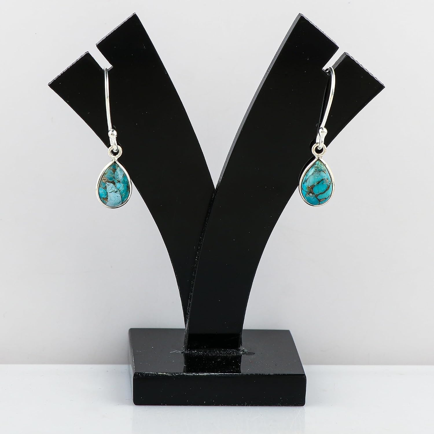 925 Genuine Copper Turquoise Gemstone, Sterling Silver Bezel Dangling Earrings, Handmade Bohemian Jewelry, Healing Crystals, Polished Cabochon, December Birthstone, Christmas Gift for Women
