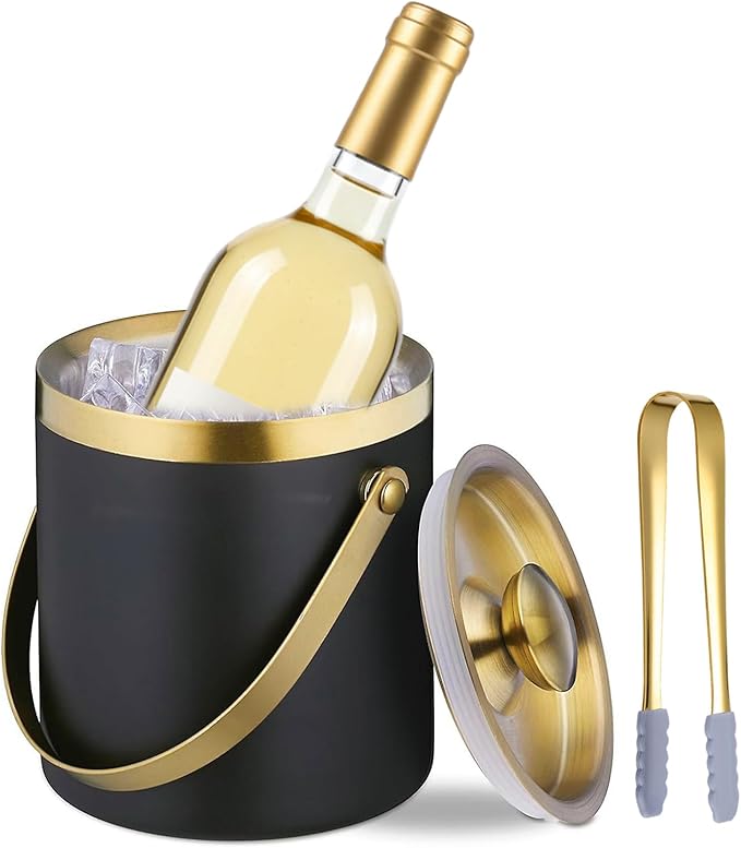 Ice Bucket with Lid, Handle and Tong Black Gold Insulated Stainless Steel Champagne Bucket 2L Wine Bucket for Party Bar Cart Accessories Large Double Wall Bucket Keep Frozen